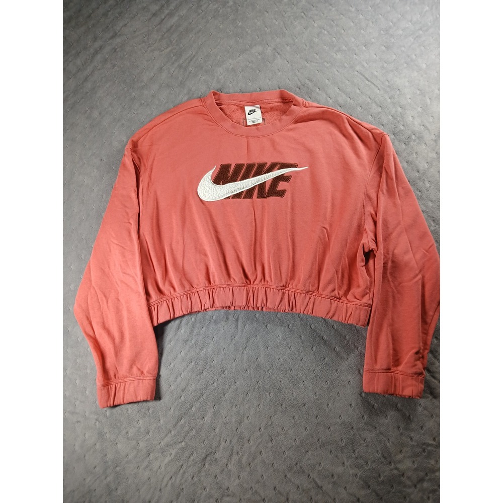 Nike Womens Cropped Sweatshirt Coral Pink Chenille Logo Elastic Hem Medium